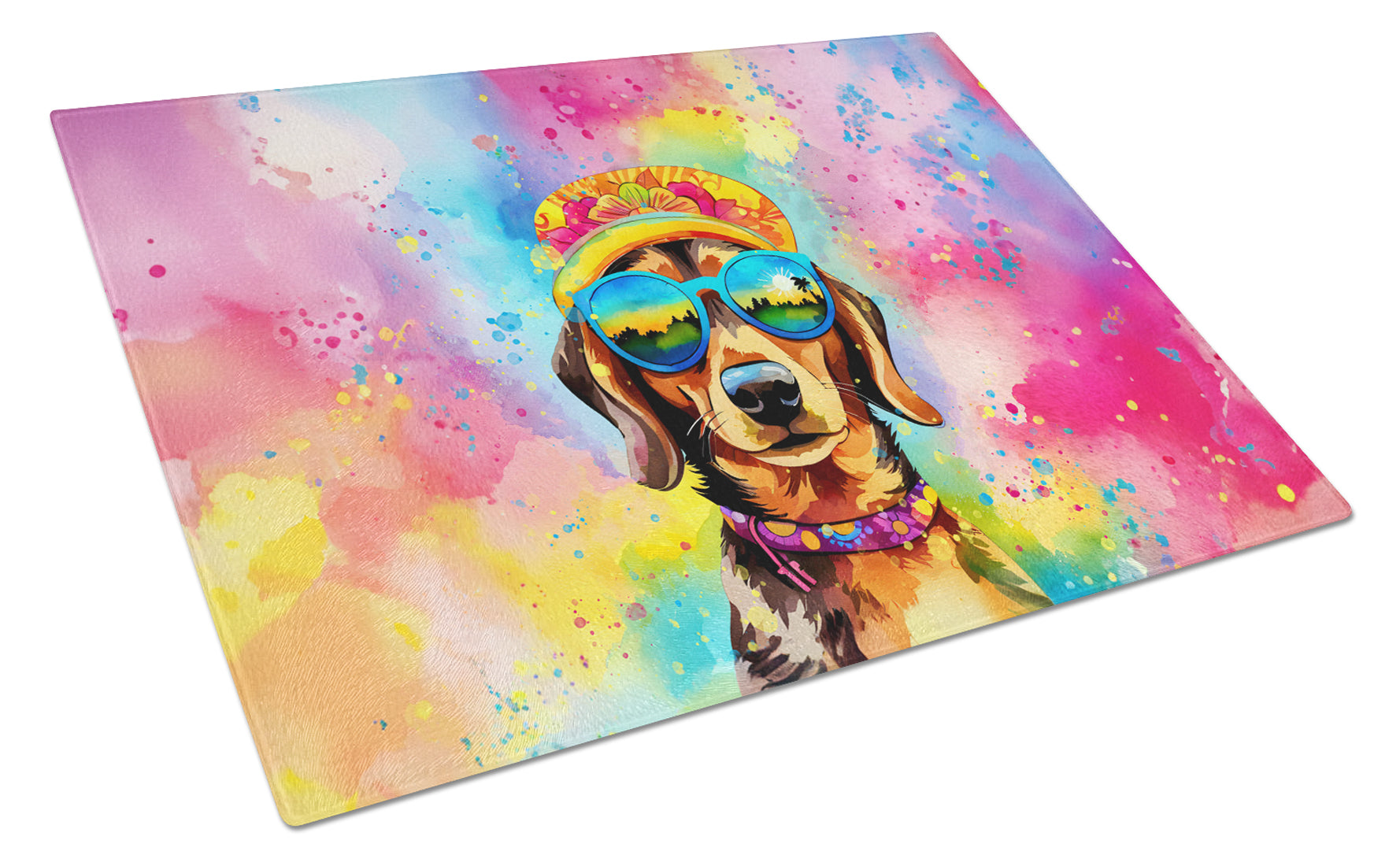 Dachshund Hippie Dawg Cutting Board Tempered Glass Kitchen Cutting Surface, Heat Resistant Chopping, Non-Slip Feet, Food Prep & Serving