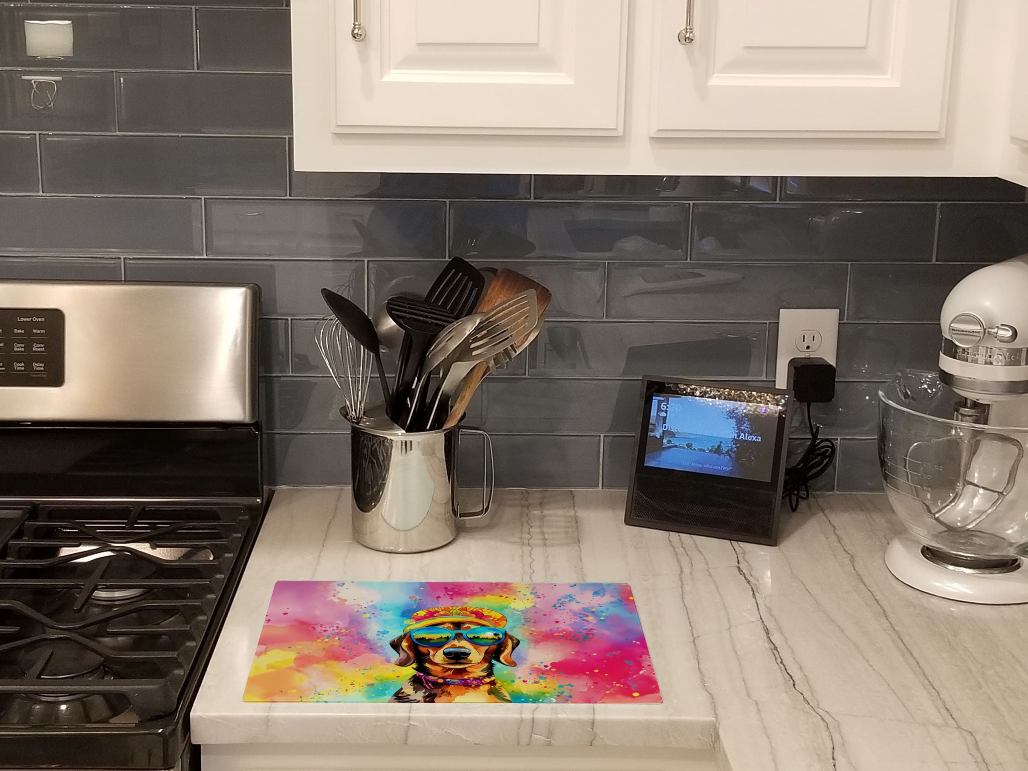 Dachshund Hippie Dawg Cutting Board Tempered Glass Kitchen Cutting Surface, Heat Resistant Chopping, Non-Slip Feet, Food Prep & Serving