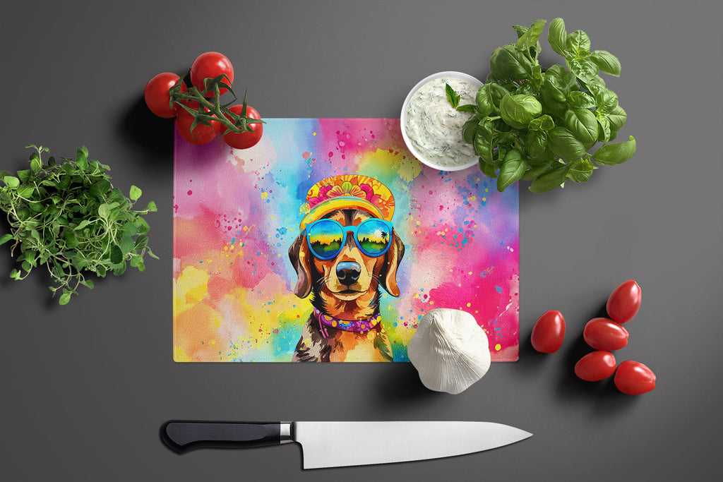 Dachshund Hippie Dawg Cutting Board Tempered Glass Kitchen Cutting Surface, Heat Resistant Chopping, Non-Slip Feet, Food Prep & Serving