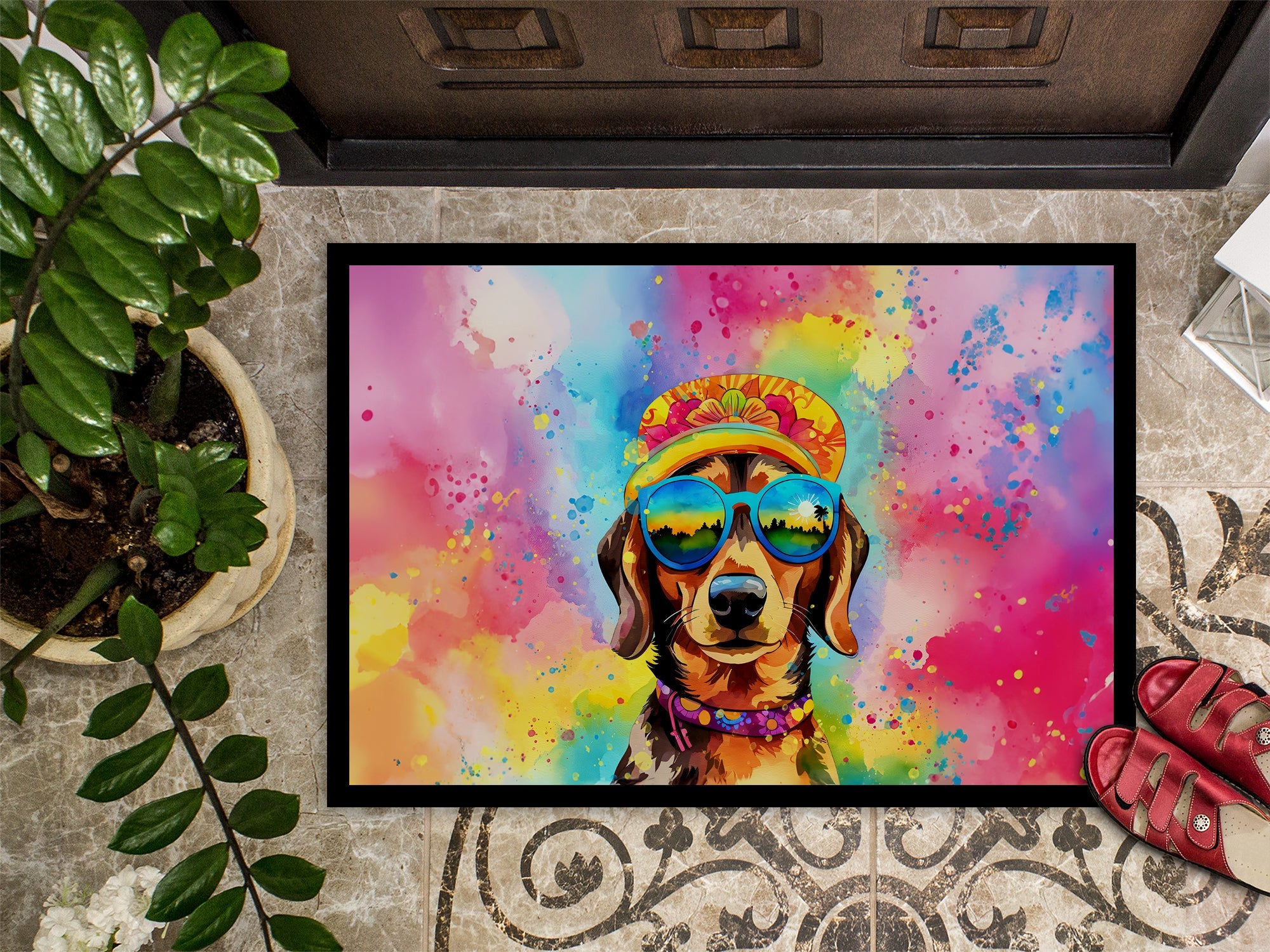 Dachshund Hippie Dawg Doormat Indoor Outdoor 18H X 27W Front Door Mat Rugs for Entryway, Non Slip Washable