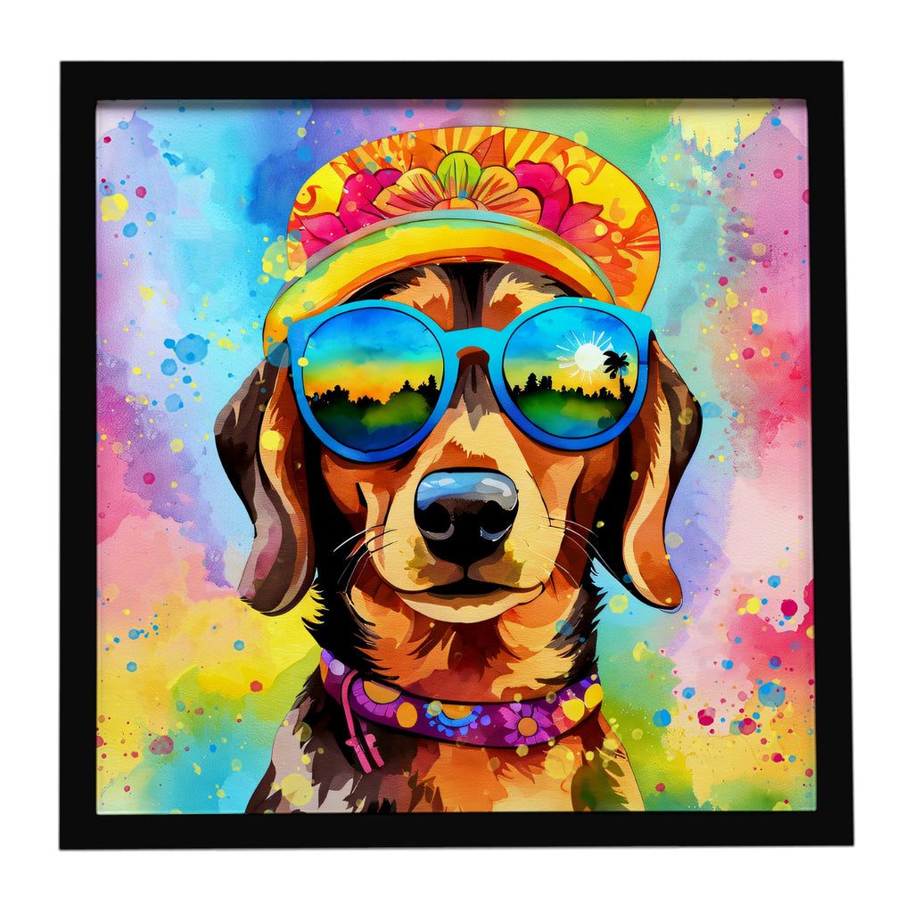 Dachshund Hippie Dawg Framed Metal Print Bathroom, Kitchen, Office, Home Decor Wall Art Ready to Hang, Square, 8X8