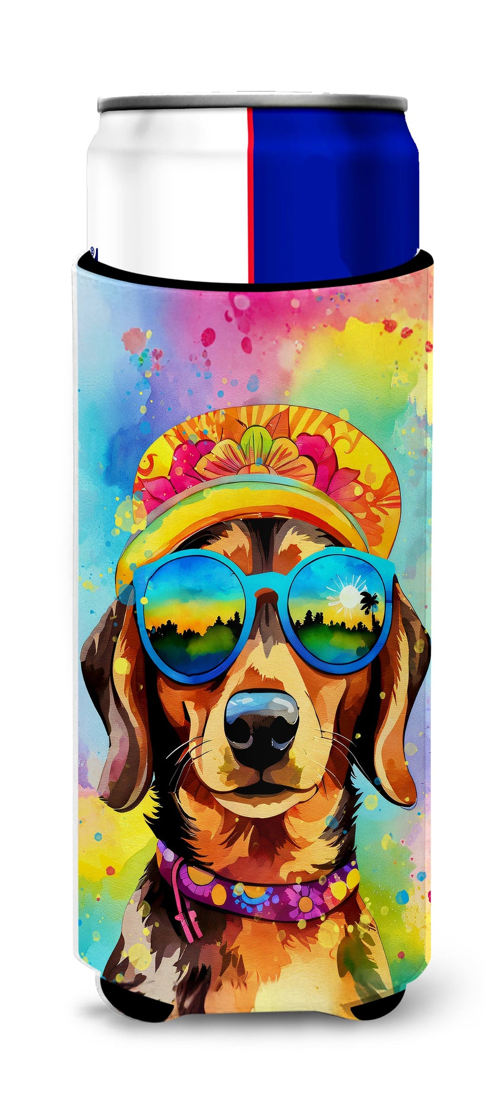 Dachshund Hippie Dawg Slim Can Hugger , Insulated Foam Hugger for 12 oz Slim Cans, Beer Bottles & Water Bottles, Printed in USA