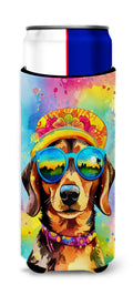 Dachshund Hippie Dawg Slim Can Hugger , Insulated Foam Hugger for 12 oz Slim Cans, Beer Bottles & Water Bottles, Printed in USA