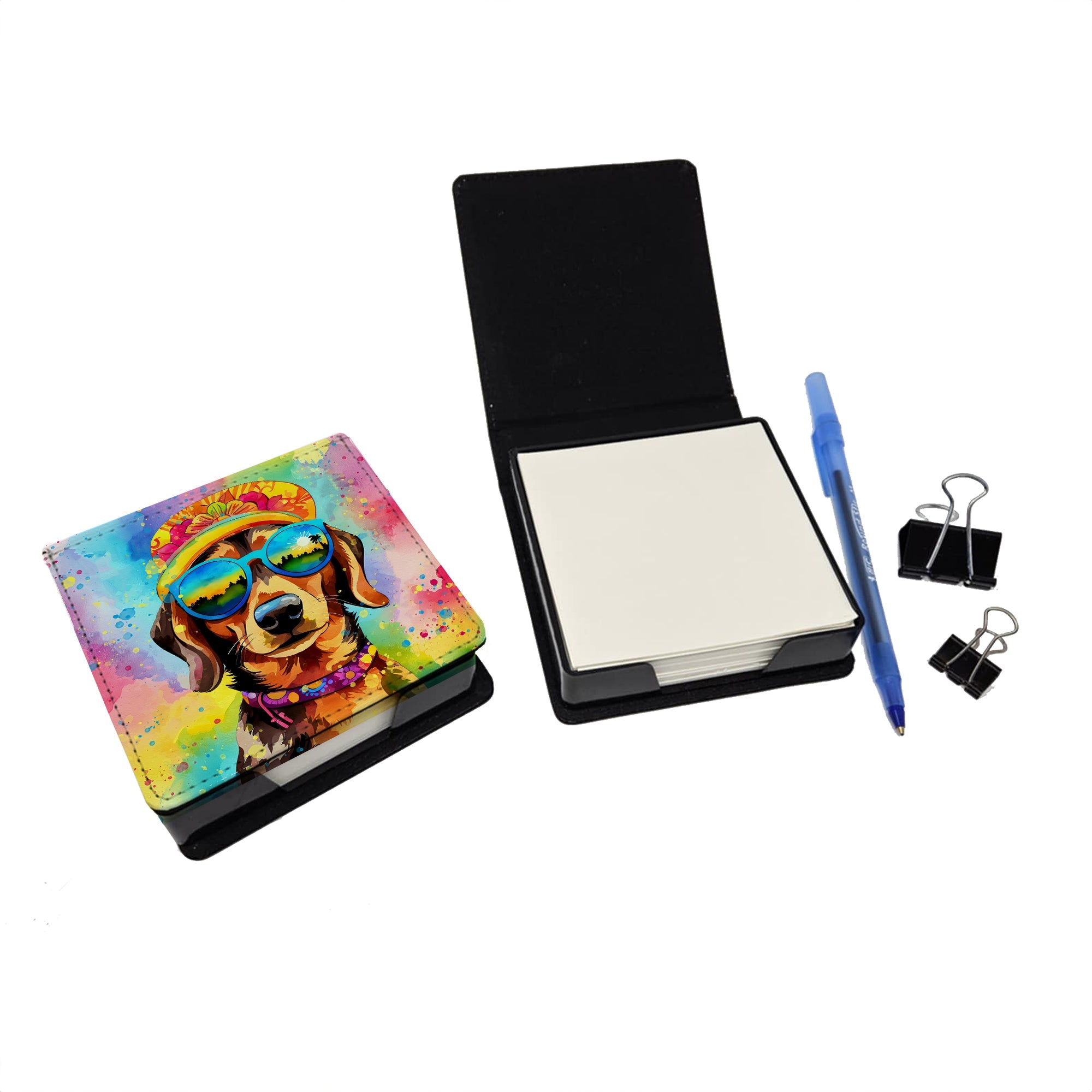 Dachshund Hippie Dawg PU Leather Note Paper Holder with Artist-Designed Cover, Desk Accessory, Office Gift