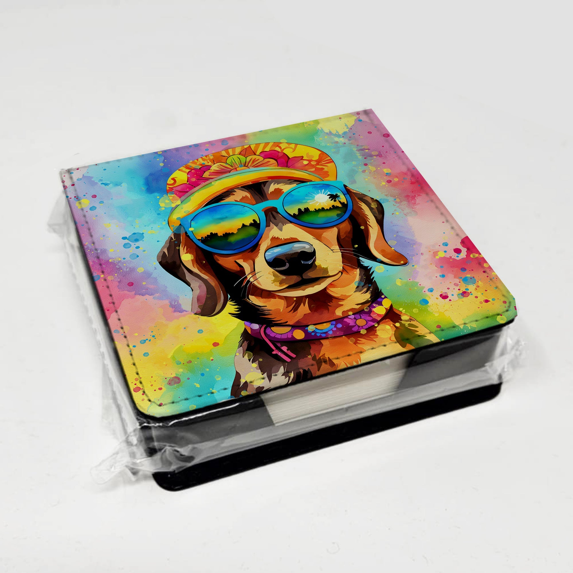 Dachshund Hippie Dawg PU Leather Note Paper Holder with Artist-Designed Cover, Desk Accessory, Office Gift