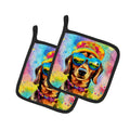 Dachshund Hippie Dawg Pot Holder Set of 2 Heat Resistant Quilted Hot Pads 7.5 x 7.5 Inch, Insulated Kitchen Trivets for Cooking & Baking