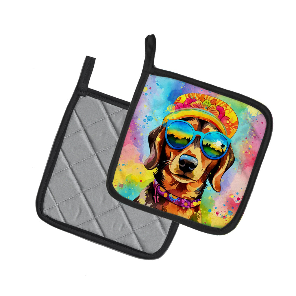 Dachshund Hippie Dawg Pot Holder Set of 2 Heat Resistant Quilted Hot Pads 7.5 x 7.5 Inch, Insulated Kitchen Trivets for Cooking & Baking