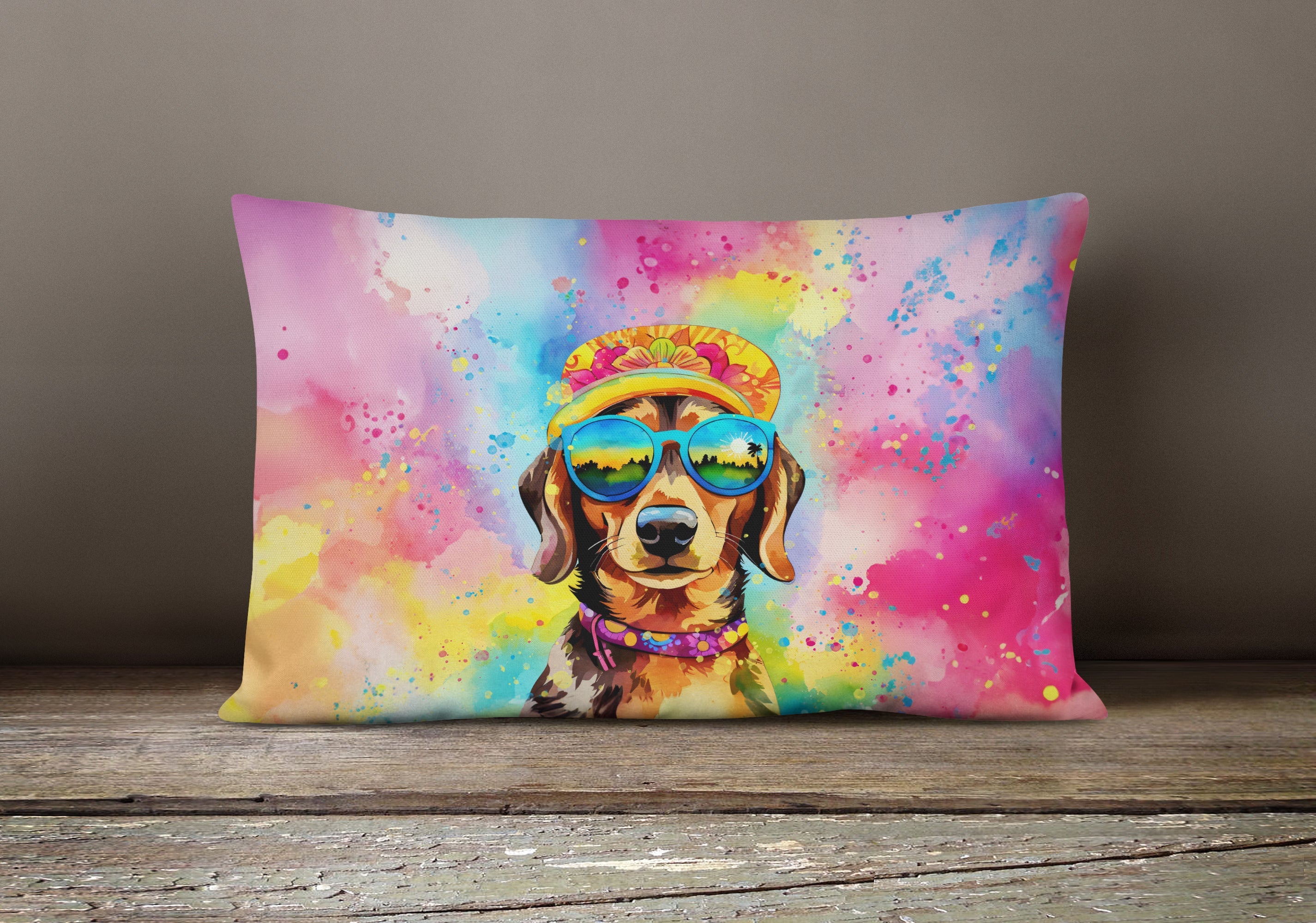 Dachshund Hippie Dawg Decorative Throw Pillow 12x16 Indoor Outdoor Accent Cushion, Fabric Cover with Insert for Sofa, Bed, Porch & Living Room