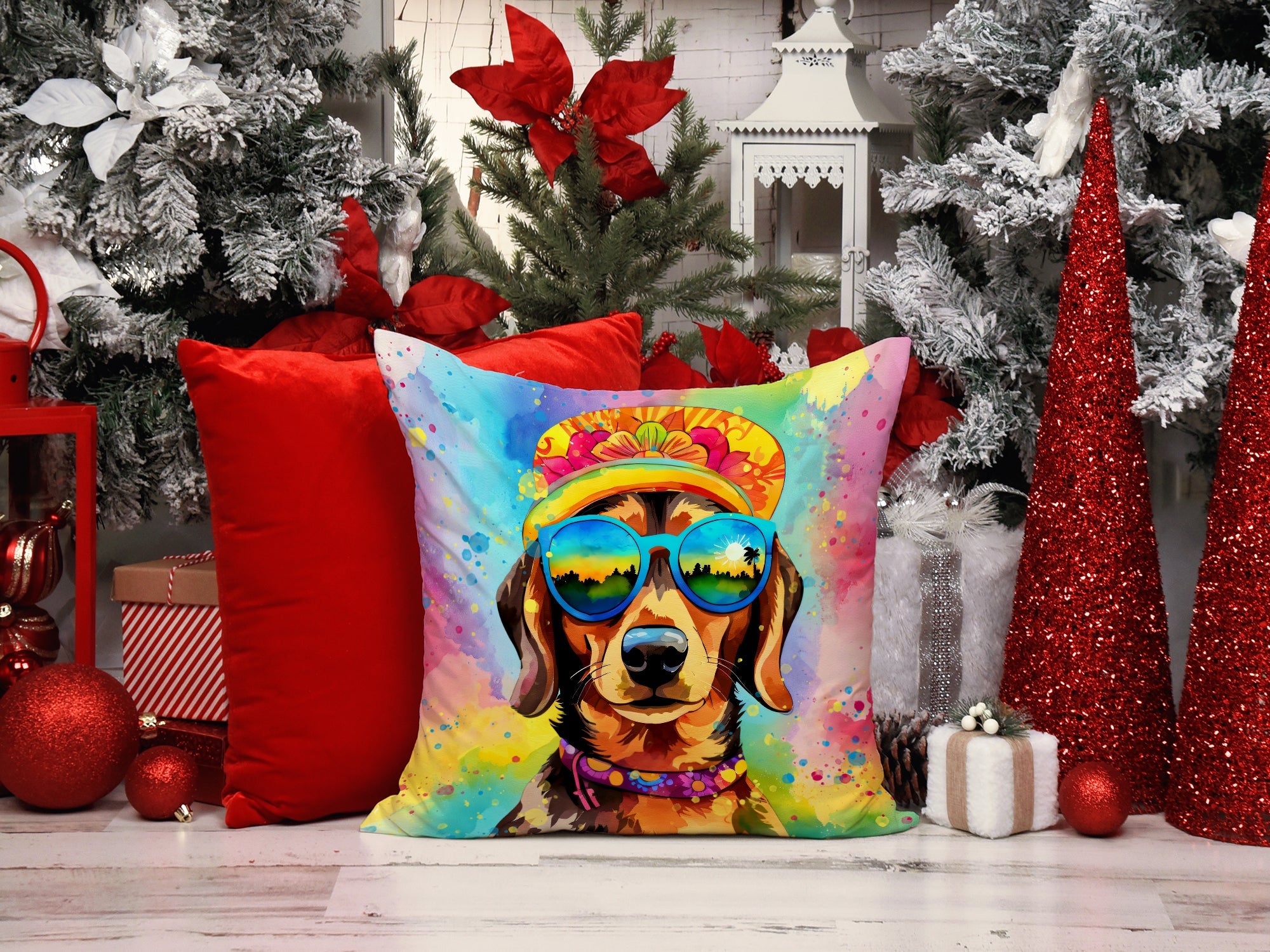 Dachshund Hippie Dawg Decorative Throw Pillow 14x14 Indoor Outdoor Accent Cushion, Fabric Cover with Insert for Sofa, Bed, Porch & Living Room