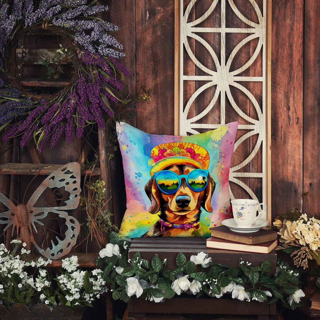 Dachshund Hippie Dawg Decorative Throw Pillow 14x14 Indoor Outdoor Accent Cushion, Fabric Cover with Insert for Sofa, Bed, Porch & Living Room