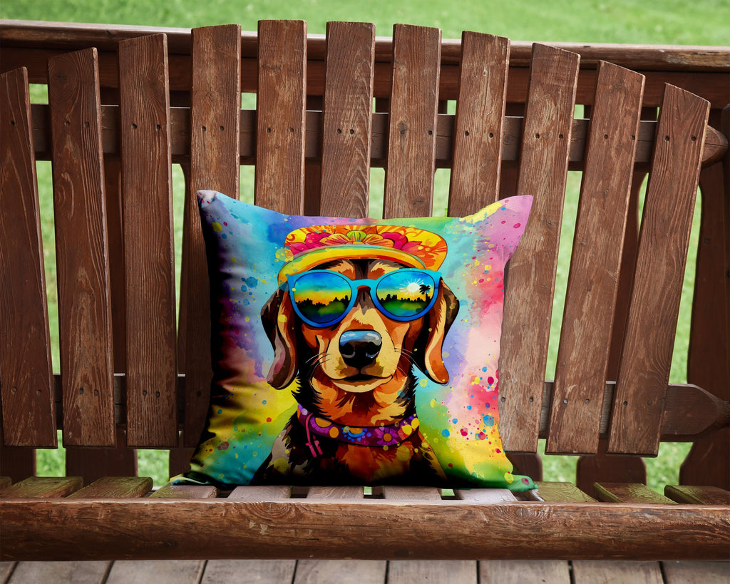 Dachshund Hippie Dawg Decorative Throw Pillow 14x14 Indoor Outdoor Accent Cushion, Fabric Cover with Insert for Sofa, Bed, Porch & Living Room