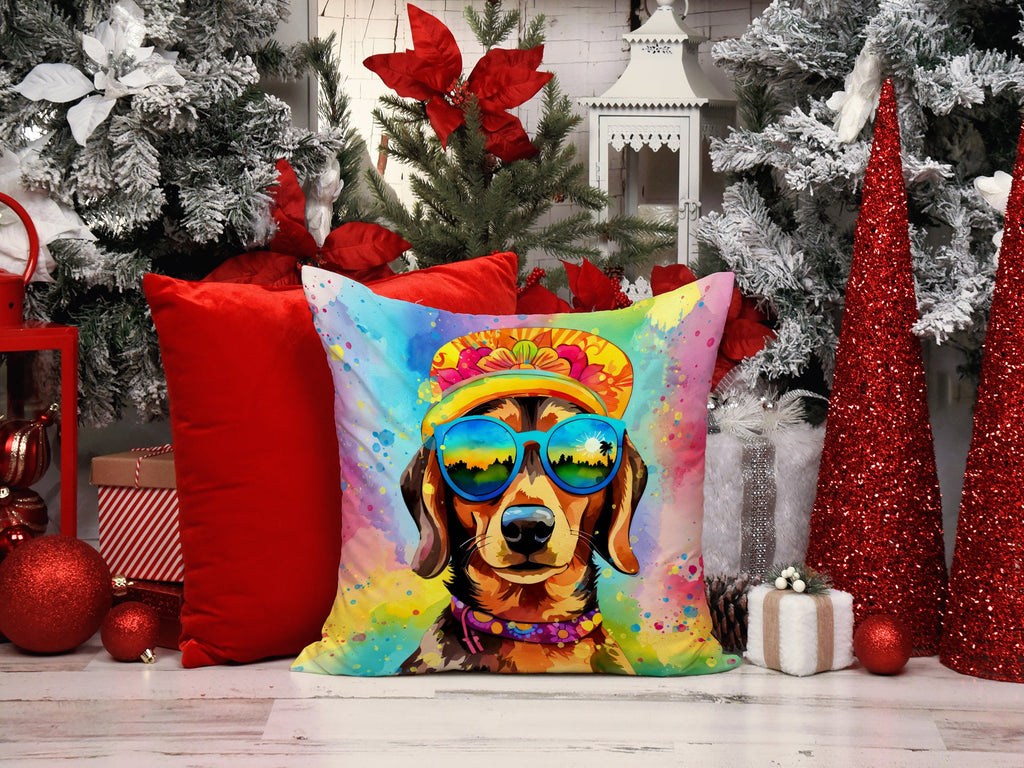 Dachshund Hippie Dawg Decorative Throw Pillow 18x18 Indoor Outdoor Accent Cushion, Fabric Cover with Insert for Sofa, Bed, Porch & Living Room