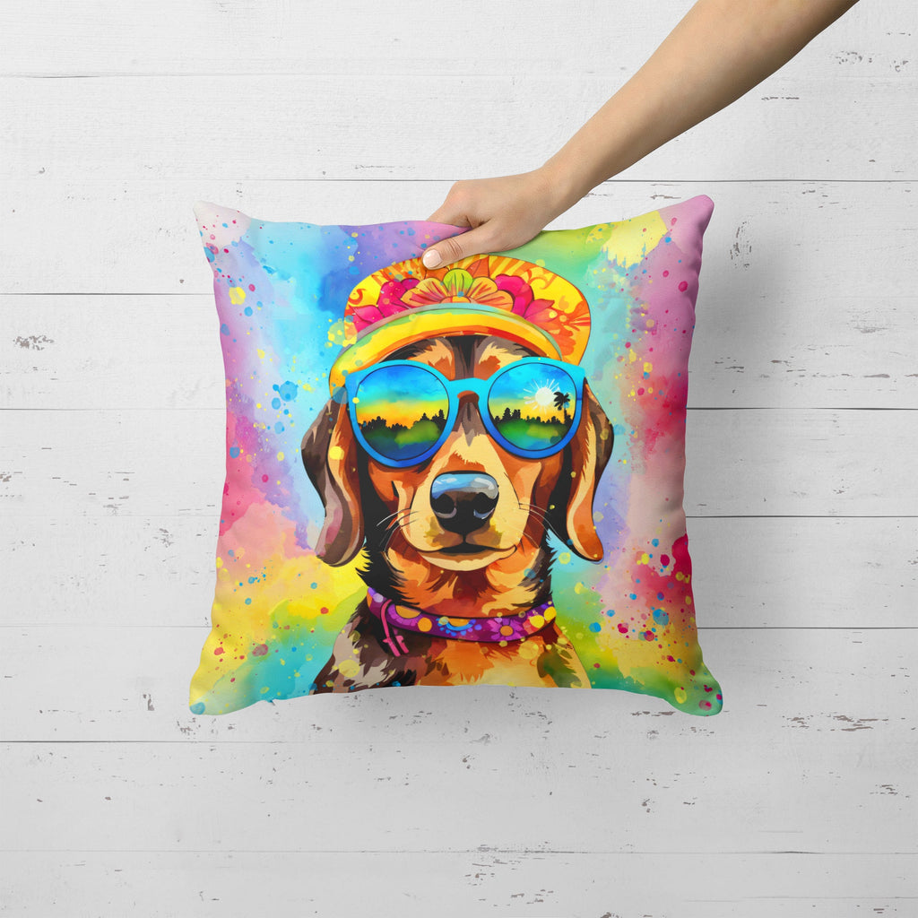 Dachshund Hippie Dawg Decorative Throw Pillow 18x18 Indoor Outdoor Accent Cushion, Fabric Cover with Insert for Sofa, Bed, Porch & Living Room