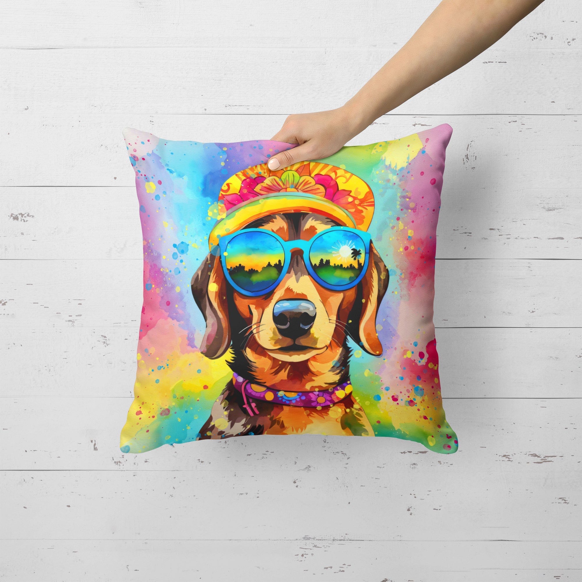 Dachshund Hippie Dawg Decorative Throw Pillow 18x18 Indoor Outdoor Accent Cushion, Fabric Cover with Insert for Sofa, Bed, Porch & Living Room