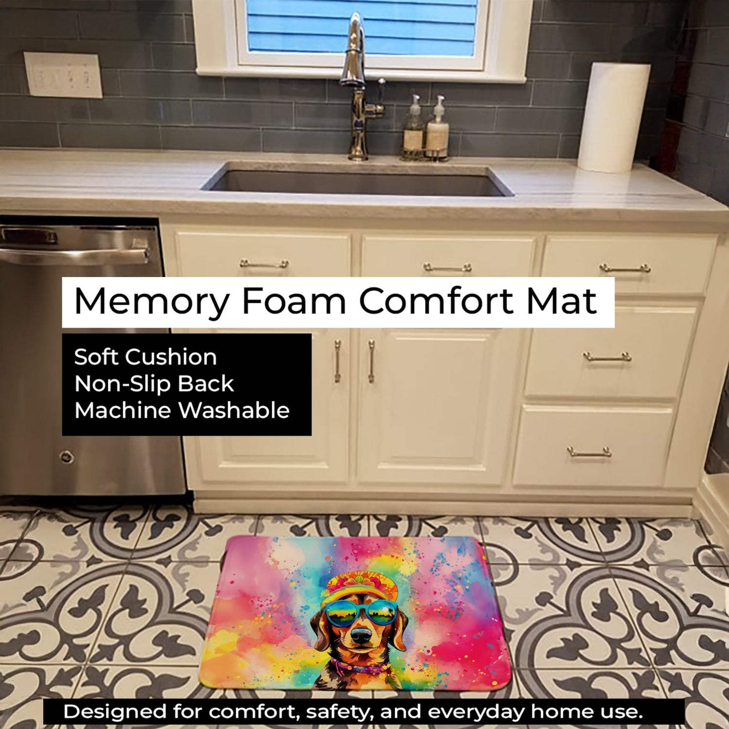 Dachshund Hippie Dawg Memory Foam Kitchen Mat Machine Washable Anti-Fatigue Cushion Comfort Bath or Kitchen Rug