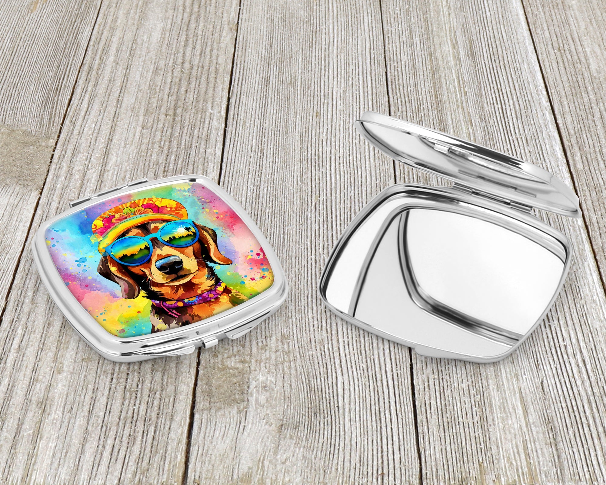 Dachshund Hippie Dawg Compact Mirror Decorative Travel Makeup Mirror for Women Girls Gifts Pocket Makeup Mirror Folding Handheld