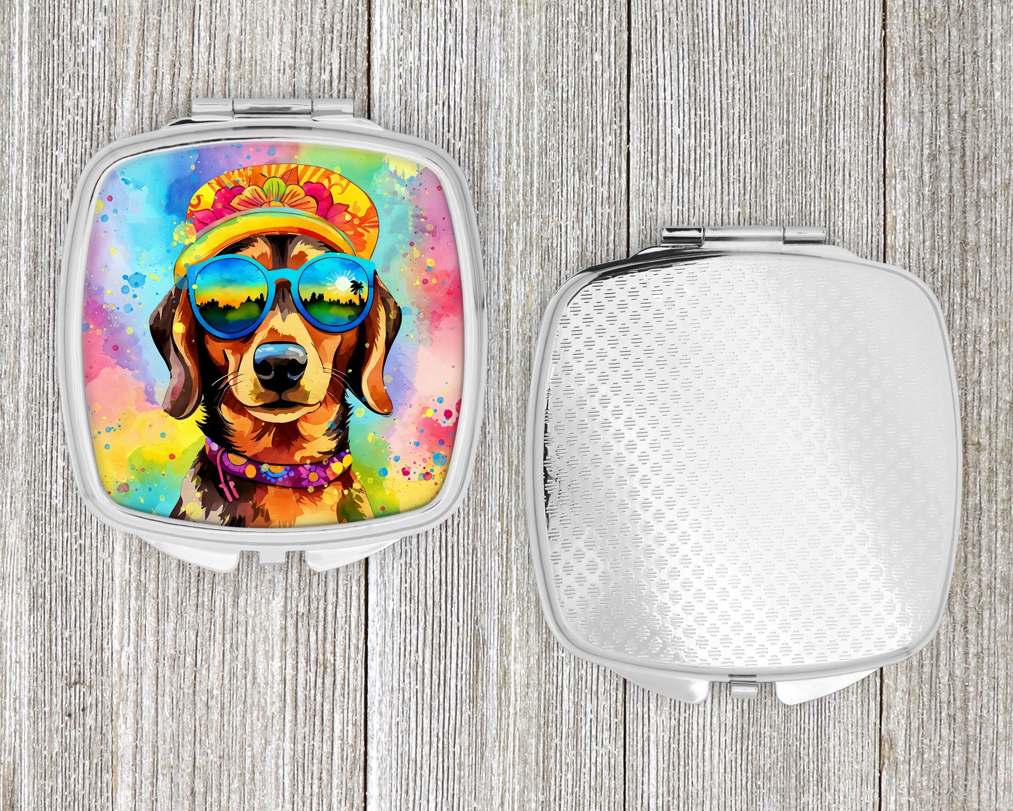 Dachshund Hippie Dawg Compact Mirror Decorative Travel Makeup Mirror for Women Girls Gifts Pocket Makeup Mirror Folding Handheld