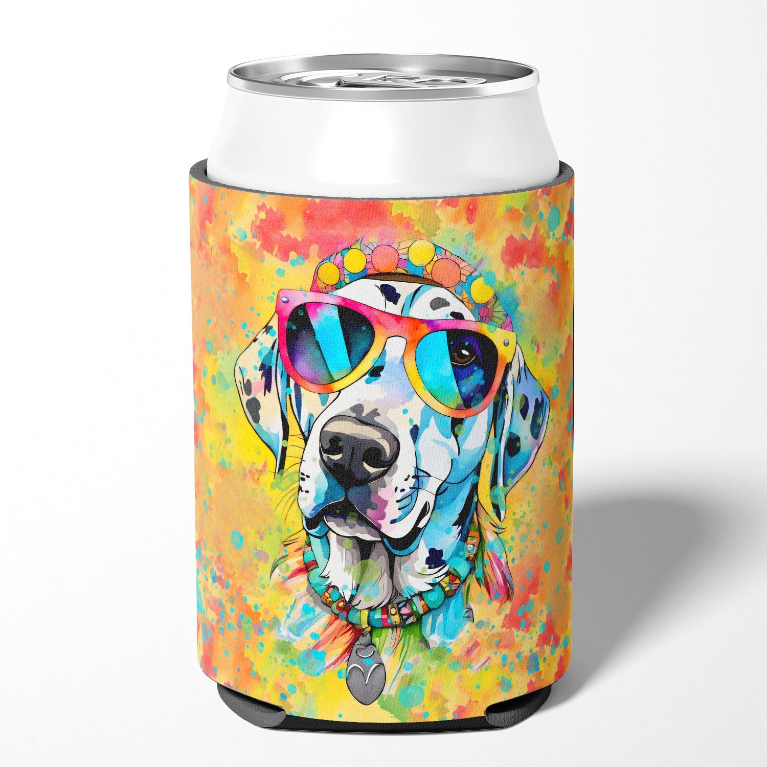 Dalmatian Hippie Dawg Can or Bottle Hugger Cooler Sleeve for Standard 12 oz Cans, Insulated Foam Beer & Soda Can Hugger Reusable