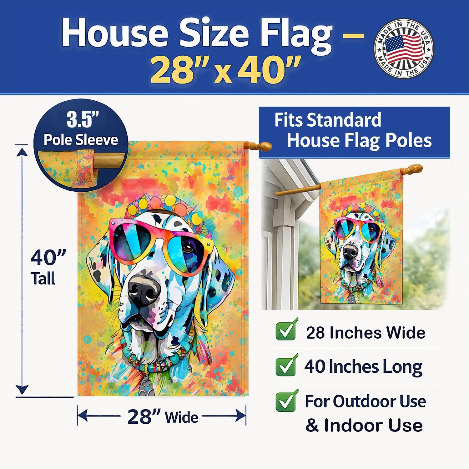 Dalmatian Hippie Dawg House Flag 28x40 Porch Sleeve Pole Decorative Outside Yard Banner Artwork Wall Hanging, Polyester