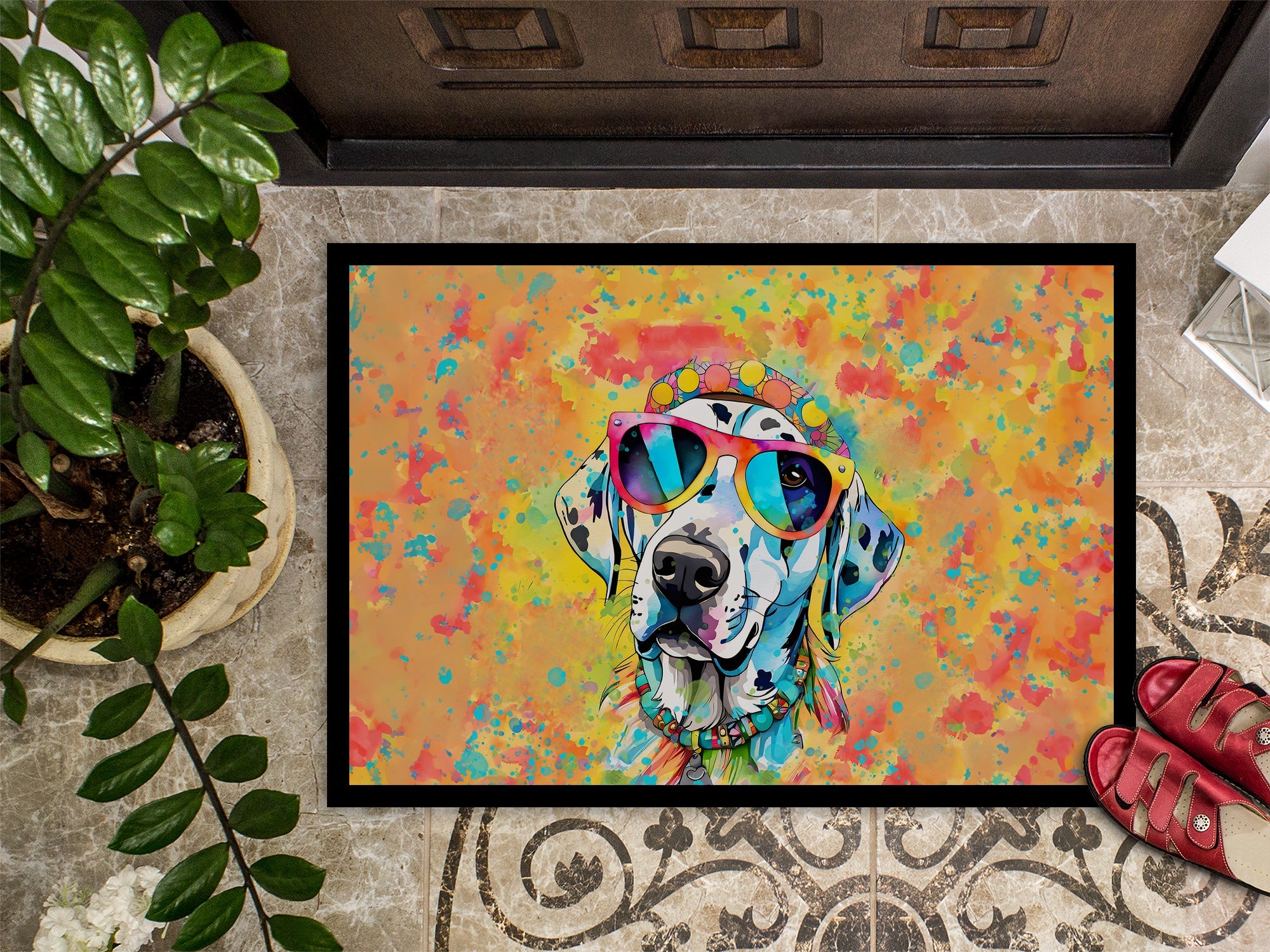 Dalmatian Hippie Dawg Doormat Indoor Outdoor 24H X 36W Front Door Mat Rugs for Entryway, Non Slip Washable Low Pile,