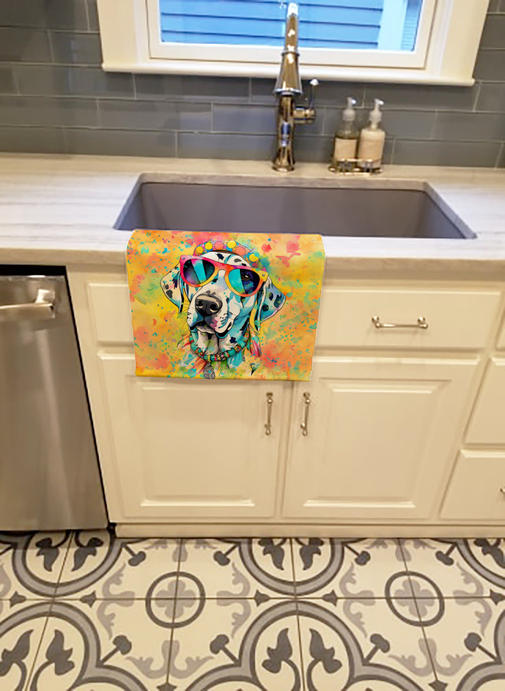 Dalmatian Hippie Dawg Kitchen Towel Velour Plush Front and Cotton Loop Back Machine Washable