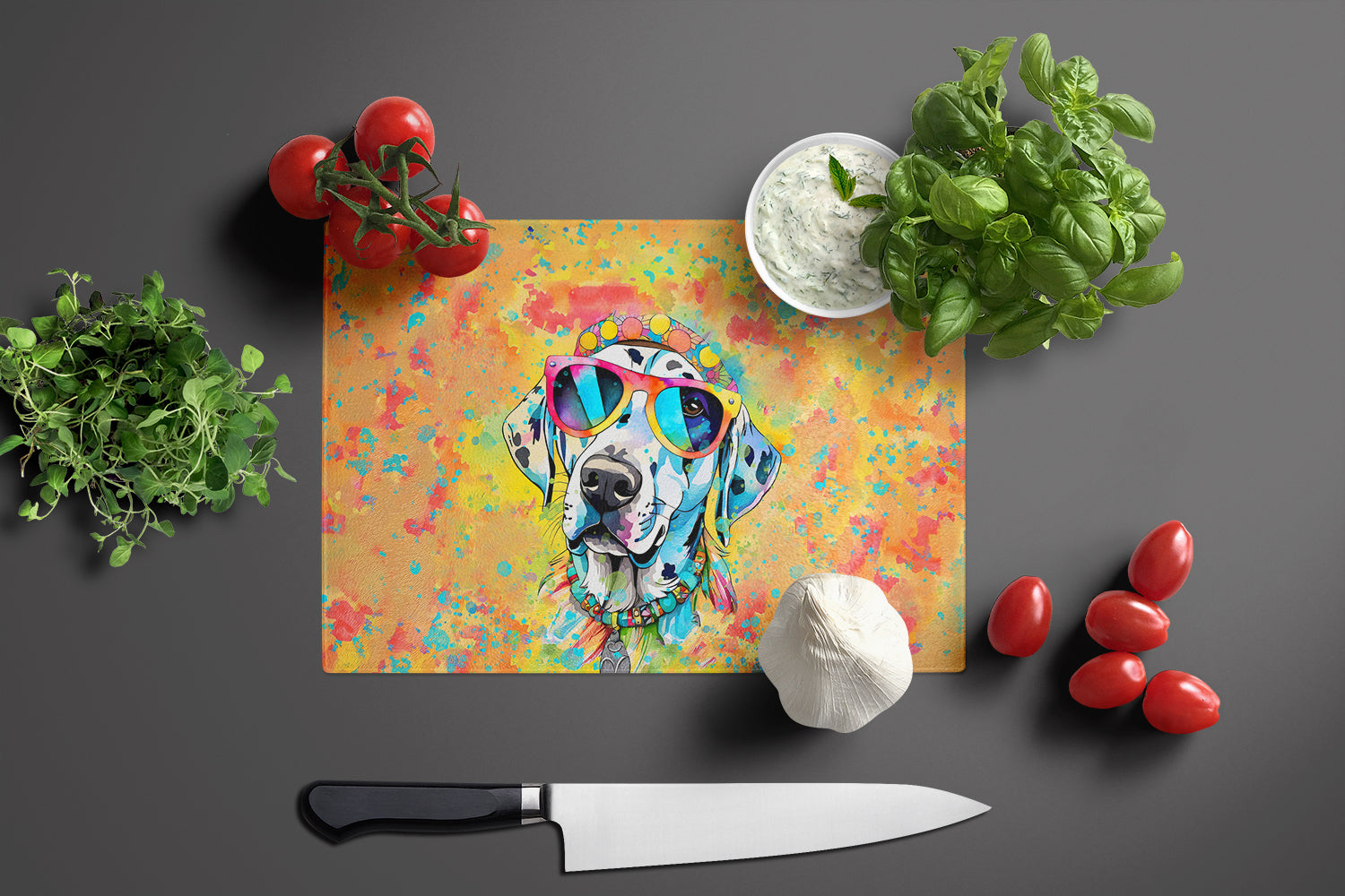 Dalmatian Hippie Dawg Cutting Board Tempered Glass Kitchen Cutting Surface, Heat Resistant Chopping, Non-Slip Feet, Food Prep & Serving