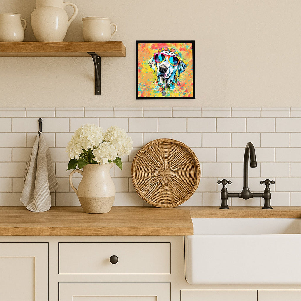 Dalmatian Hippie Dawg Framed Metal Print Bathroom, Kitchen, Office, Home Decor Wall Art Ready to Hang, Square, 8X8