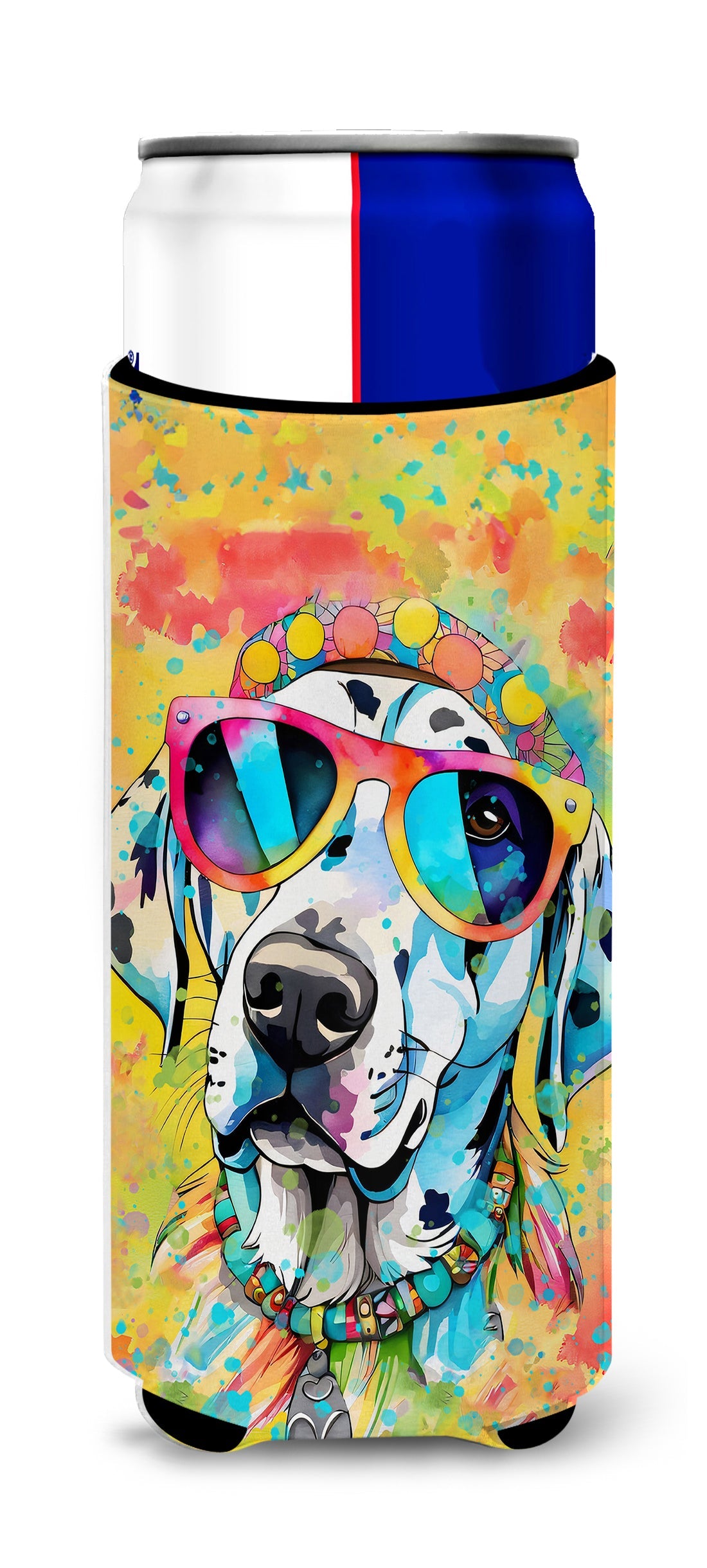 Dalmatian Hippie Dawg Slim Can Hugger , Insulated Foam Hugger for 12 oz Slim Cans, Beer Bottles & Water Bottles, Printed in USA