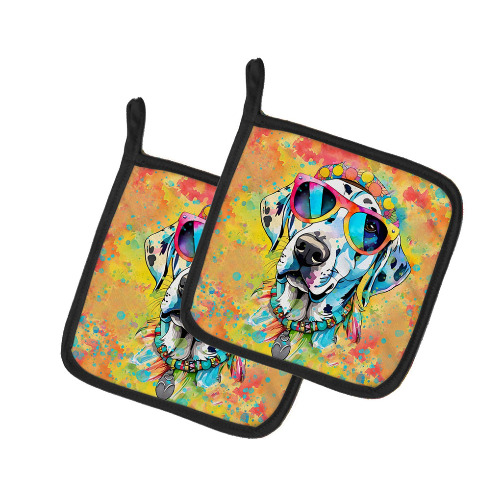 Dalmatian Hippie Dawg Pot Holder Set of 2 Heat Resistant Quilted Hot Pads 7.5 x 7.5 Inch, Insulated Kitchen Trivets for Cooking & Baking