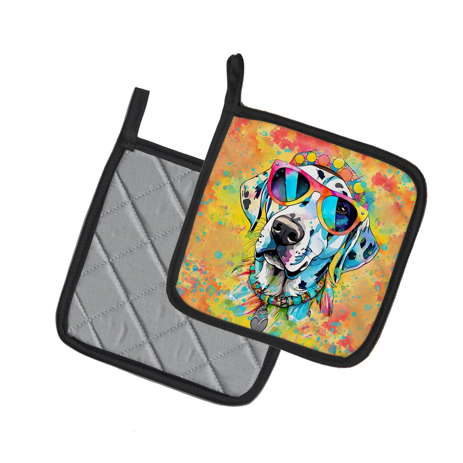 Dalmatian Hippie Dawg Pot Holder Set of 2 Heat Resistant Quilted Hot Pads 7.5 x 7.5 Inch, Insulated Kitchen Trivets for Cooking & Baking