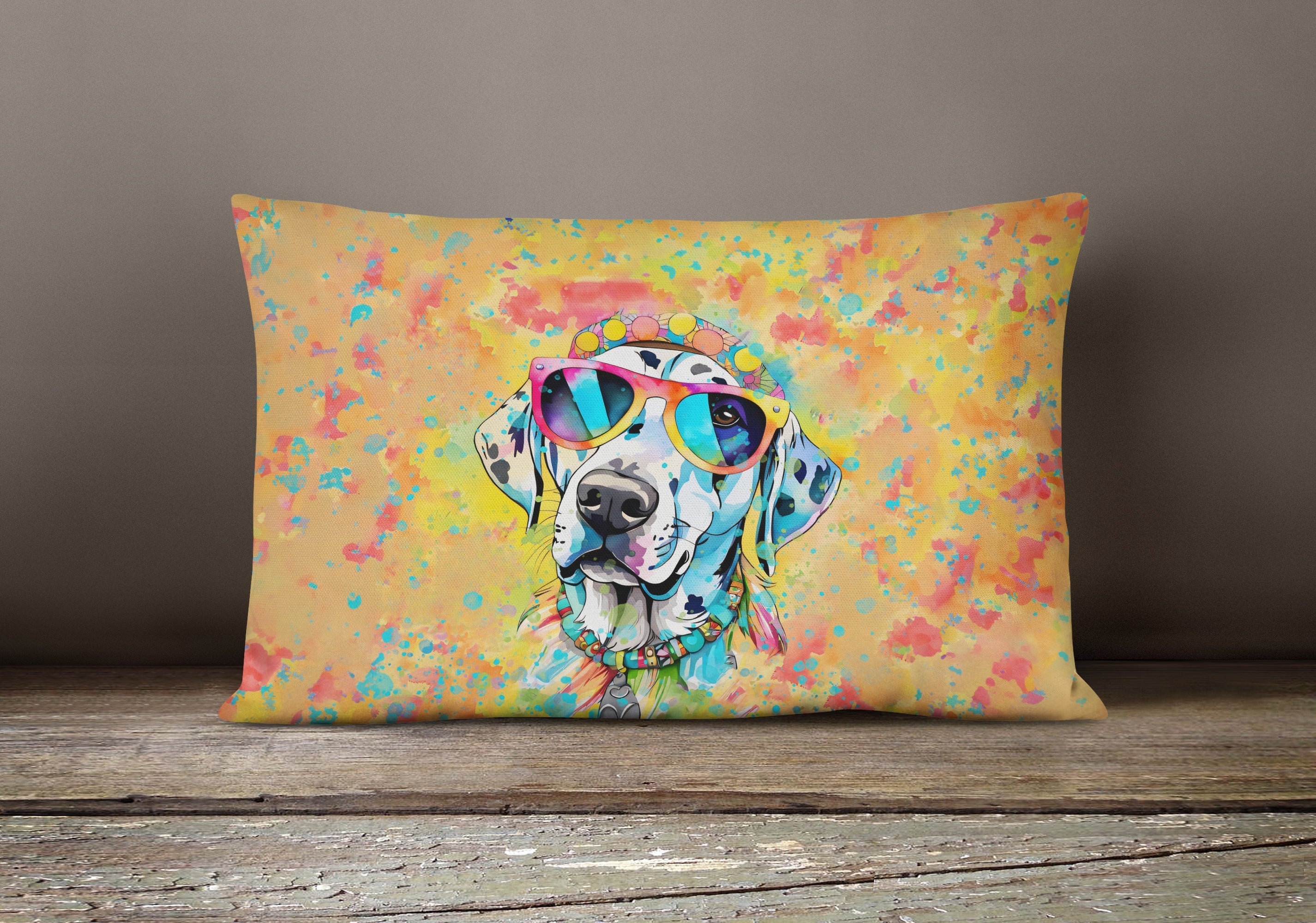 Dalmatian Hippie Dawg Decorative Throw Pillow 12x16 Indoor Outdoor Accent Cushion, Fabric Cover with Insert for Sofa, Bed, Porch & Living Room