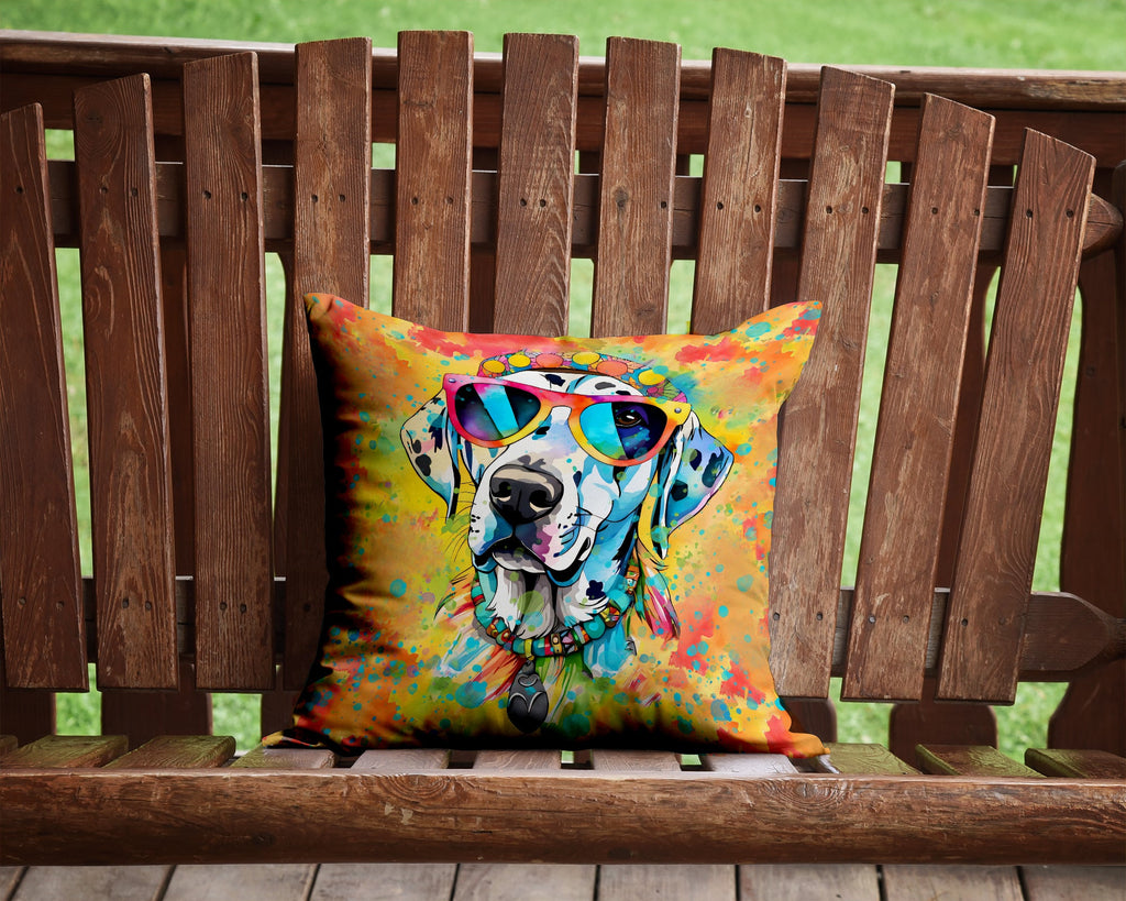 Dalmatian Hippie Dawg Decorative Throw Pillow 14x14 Indoor Outdoor Accent Cushion, Fabric Cover with Insert for Sofa, Bed, Porch & Living Room