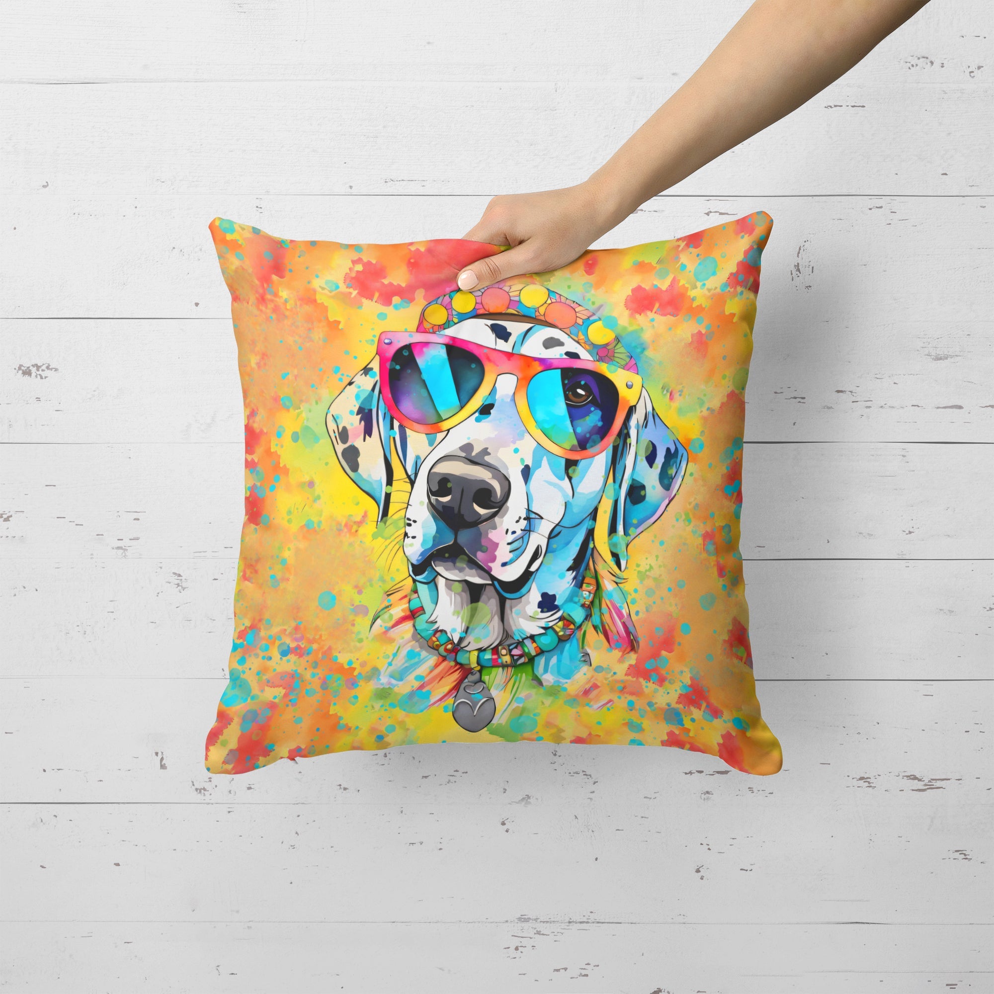 Dalmatian Hippie Dawg Decorative Throw Pillow 18x18 Indoor Outdoor Accent Cushion, Fabric Cover with Insert for Sofa, Bed, Porch & Living Room