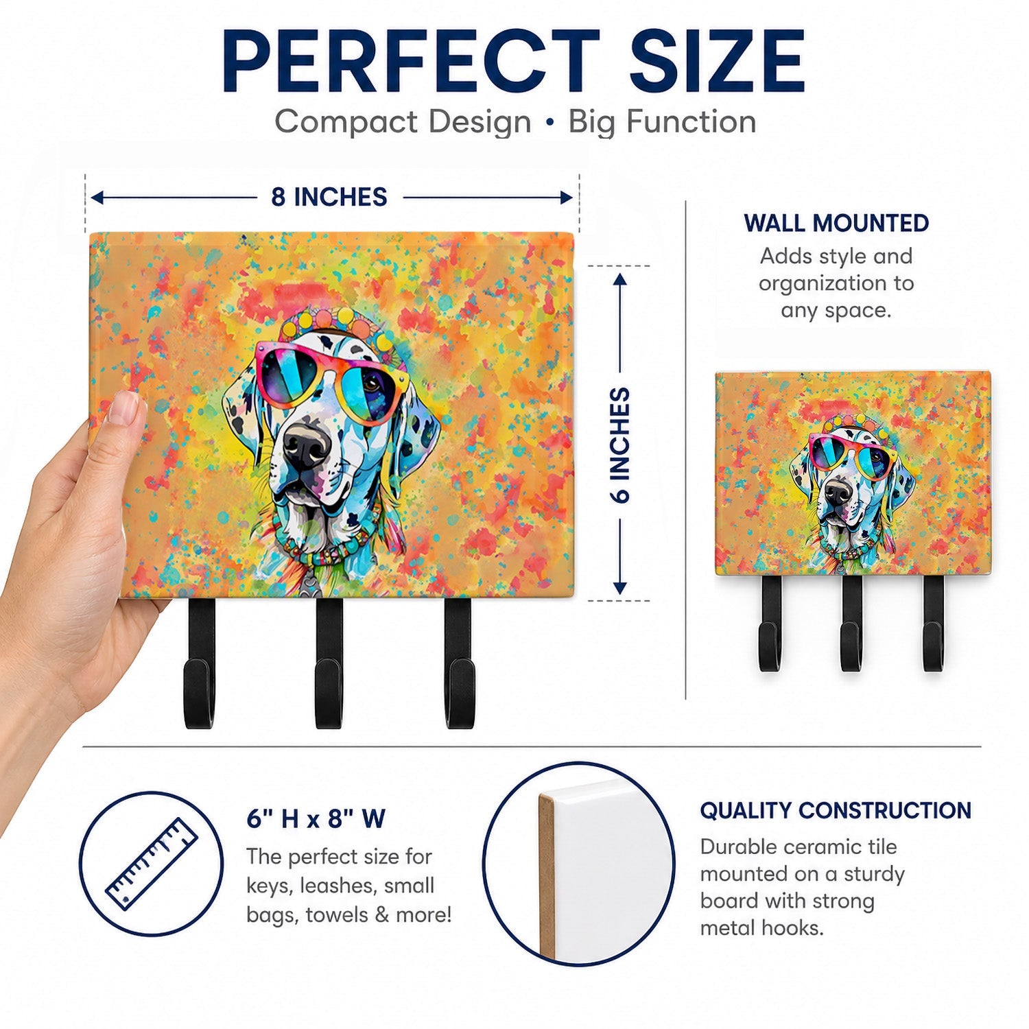 Dalmatian Hippie Dawg Leash or Key Holder Wall Hooks, Coat Rack Wall Mount, for Hanging Keys, Towels, Aprons, Leashes