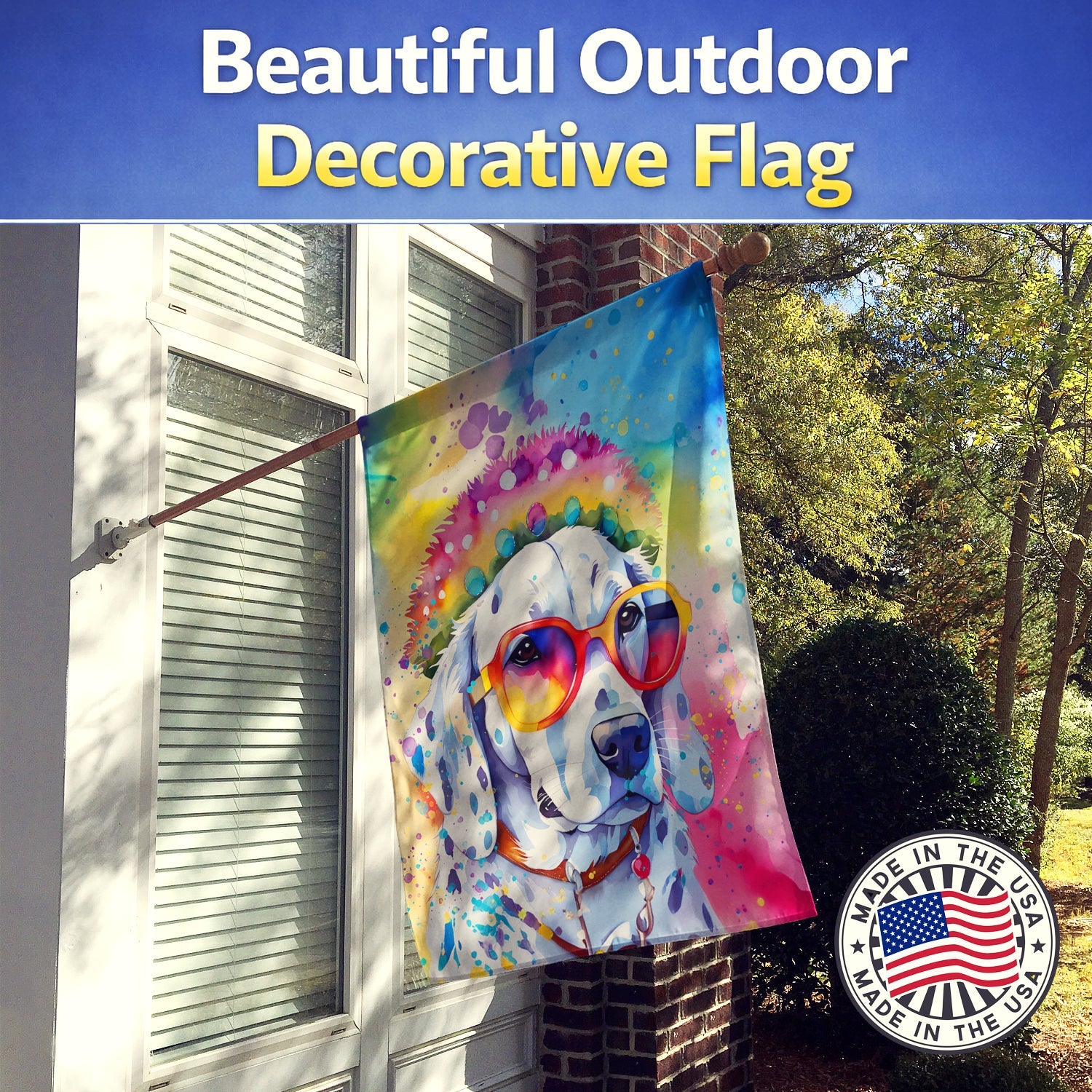 Dalmatian Hippie Dawg House Flag 28x40 Porch Sleeve Pole Decorative Outside Yard Banner Artwork Wall Hanging, Polyester