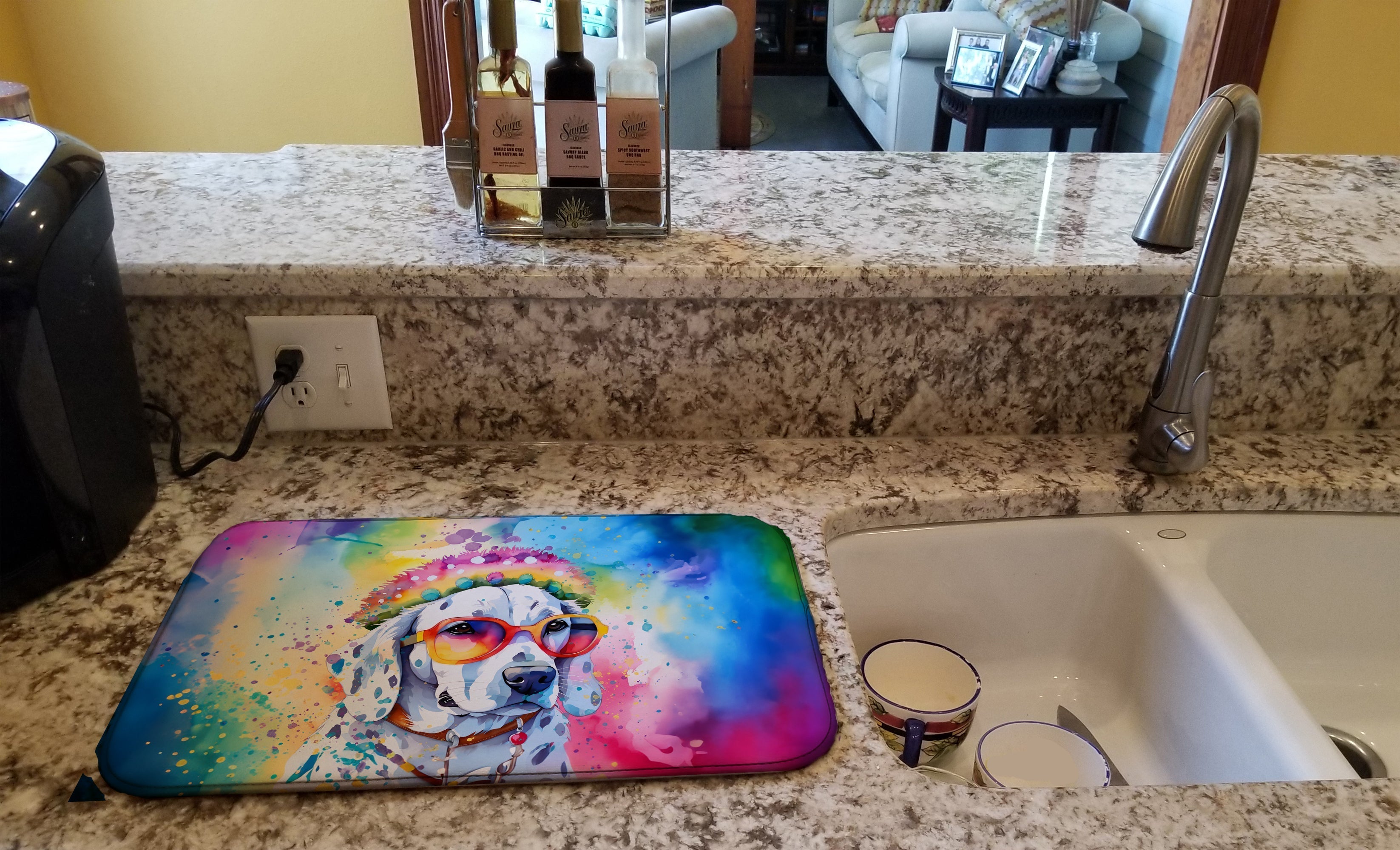 Dalmatian Hippie Dawg Dish Drying Mat Absorbent Dish Drying Mat Pad for Kitchen Counter Dish Drainer Mat for Countertop, 14 x 21", Multicolor