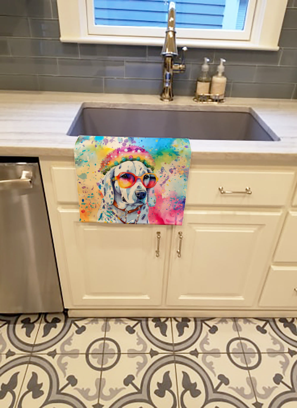 Dalmatian Hippie Dawg Kitchen Towel Velour Plush Front and Cotton Loop Back Machine Washable