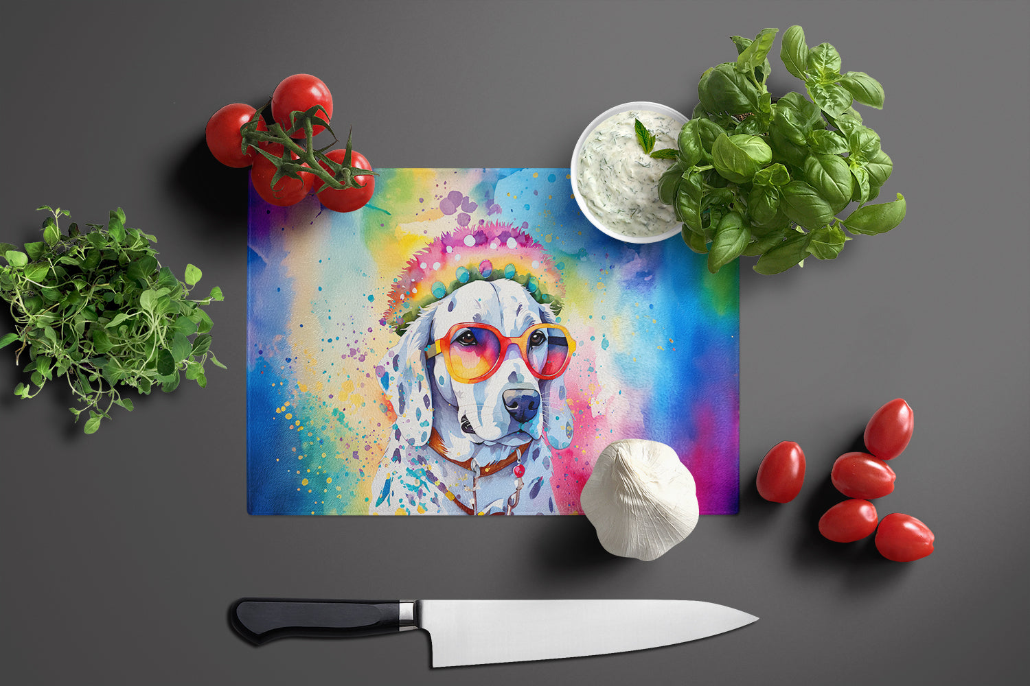 Dalmatian Hippie Dawg Cutting Board Tempered Glass Kitchen Cutting Surface, Heat Resistant Chopping, Non-Slip Feet, Food Prep & Serving