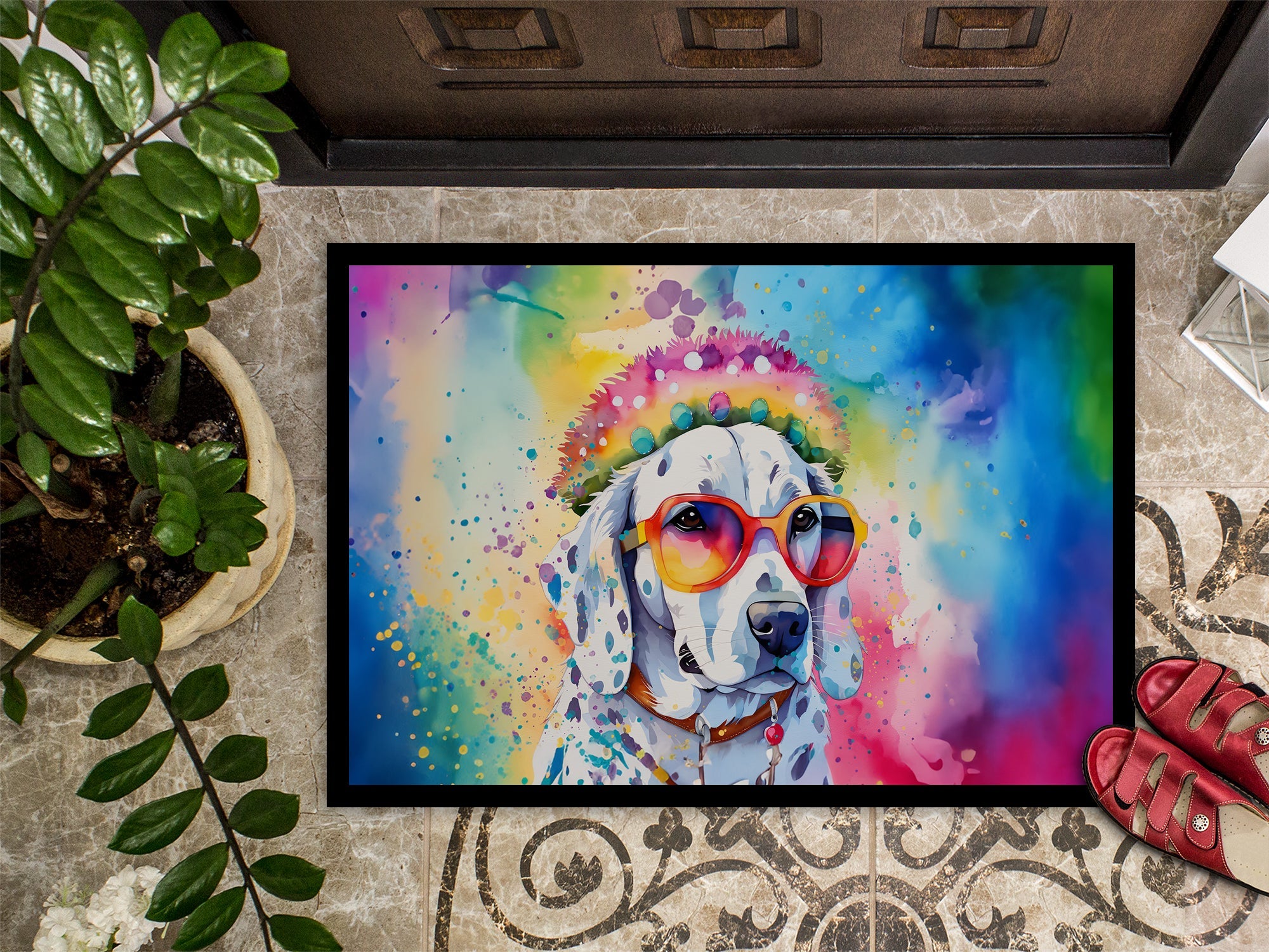 Dalmatian Hippie Dawg Doormat Indoor Outdoor 18H X 27W Front Door Mat Rugs for Entryway, Non Slip Washable