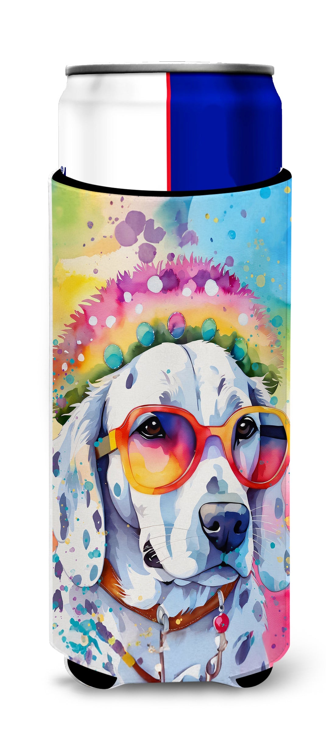 Dalmatian Hippie Dawg Slim Can Hugger , Insulated Foam Hugger for 12 oz Slim Cans, Beer Bottles & Water Bottles, Printed in USA