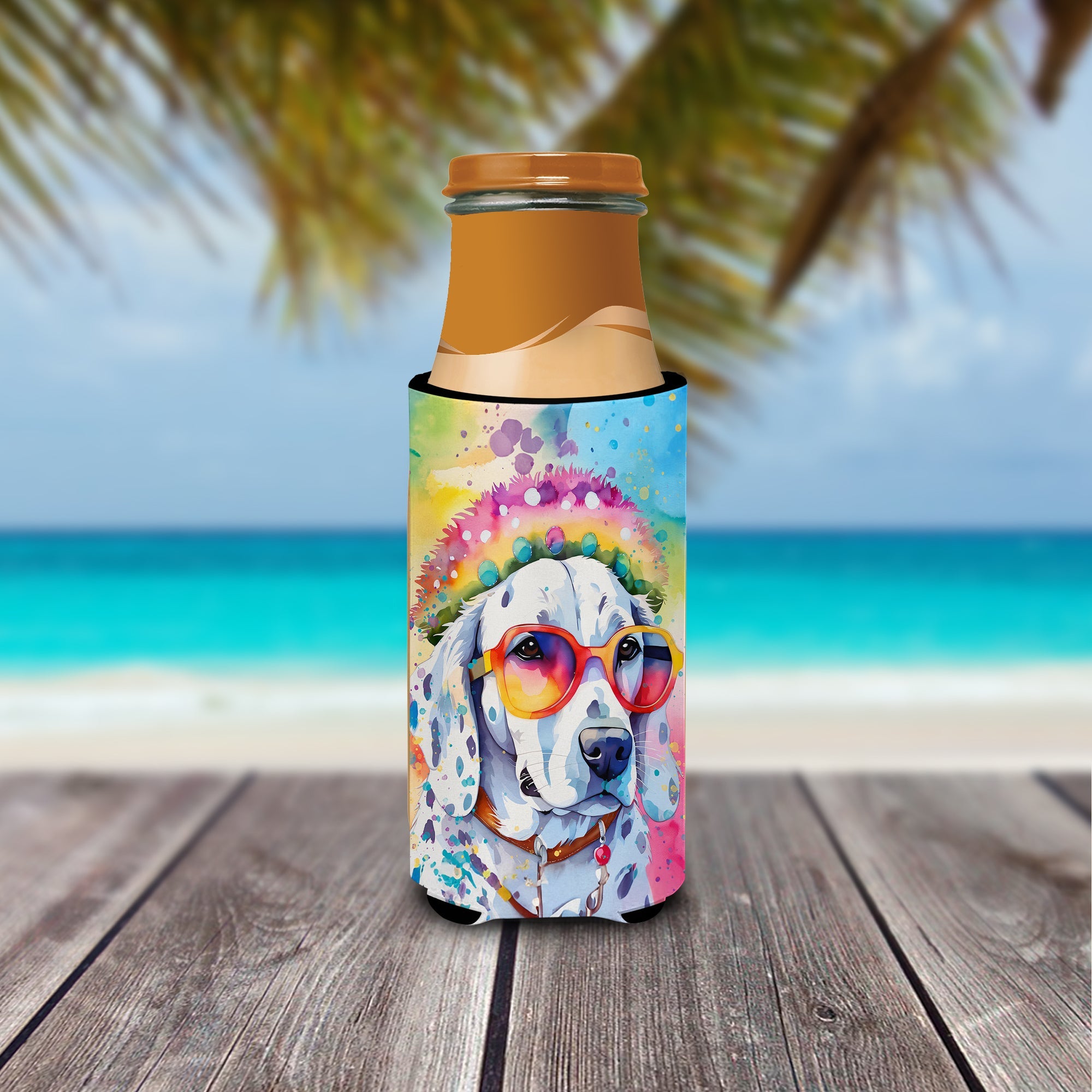 Dalmatian Hippie Dawg Slim Can Hugger , Insulated Foam Hugger for 12 oz Slim Cans, Beer Bottles & Water Bottles, Printed in USA