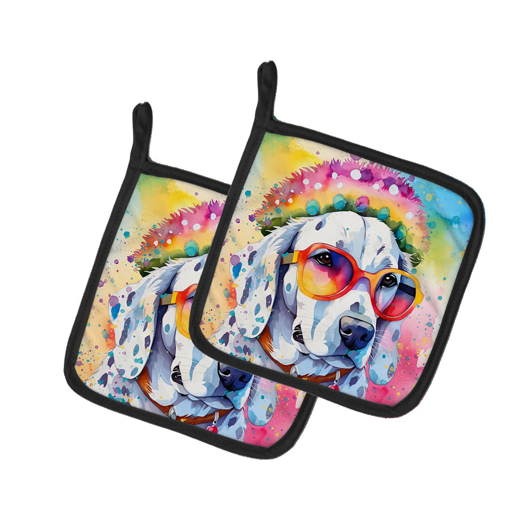 Dalmatian Hippie Dawg Pot Holder Set of 2 Heat Resistant Quilted Hot Pads 7.5 x 7.5 Inch, Insulated Kitchen Trivets for Cooking & Baking