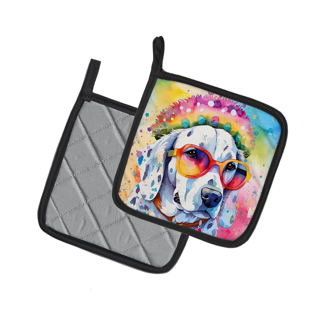 Dalmatian Hippie Dawg Pot Holder Set of 2 Heat Resistant Quilted Hot Pads 7.5 x 7.5 Inch, Insulated Kitchen Trivets for Cooking & Baking