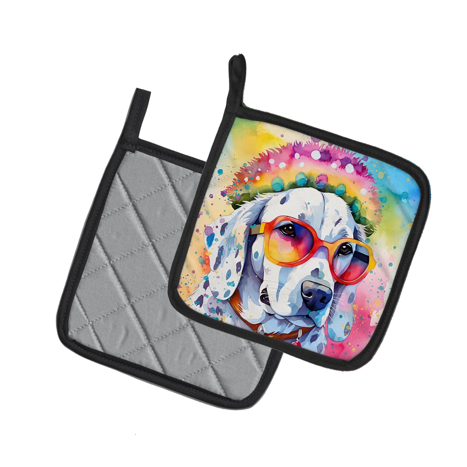 Dalmatian Hippie Dawg Pot Holder Set of 2 Heat Resistant Quilted Hot Pads 7.5 x 7.5 Inch, Insulated Kitchen Trivets for Cooking & Baking