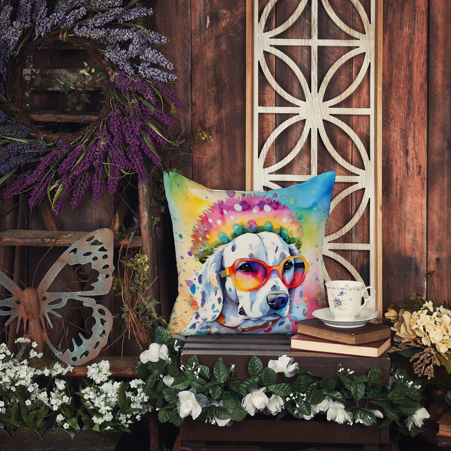 Dalmatian Hippie Dawg Decorative Throw Pillow 14x14 Indoor Outdoor Accent Cushion, Fabric Cover with Insert for Sofa, Bed, Porch & Living Room