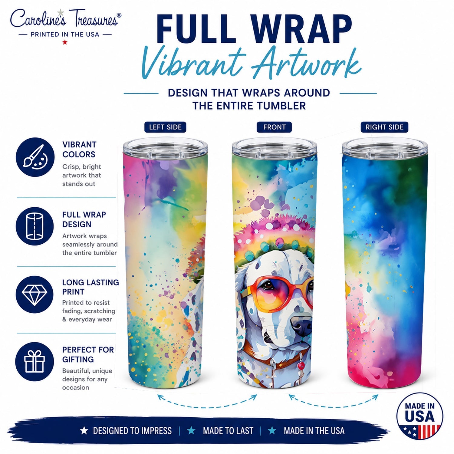 Dalmatian Hippie Dawg Stainless Steel Skinny Tumbler 20 oz Vacuum Double Walled Reusable Insulated Travel Cup