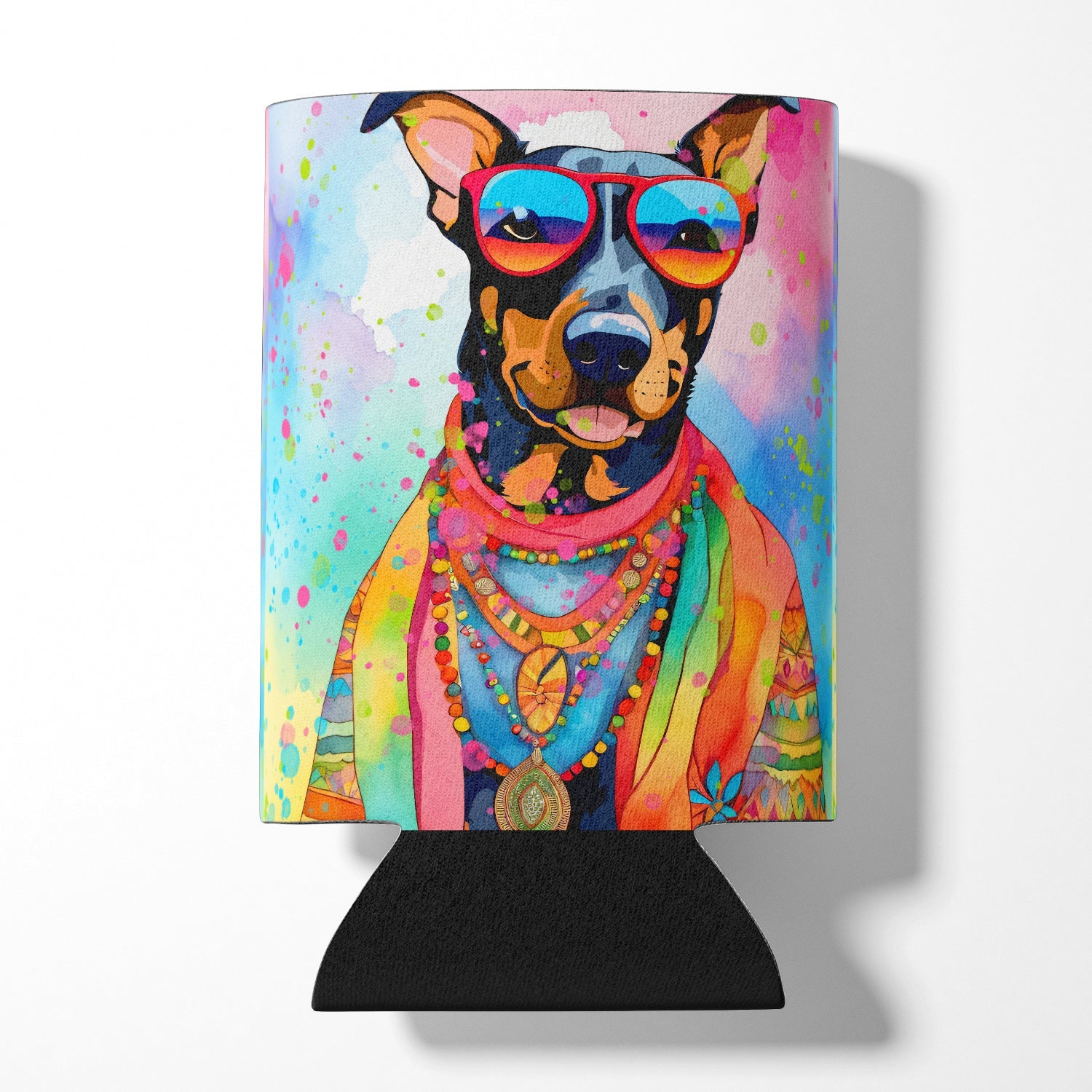 Doberman Pinscher Hippie Dawg Can or Bottle Hugger Cooler Sleeve for Standard 12 oz Cans, Insulated Foam Beer & Soda Can Hugger Reusable