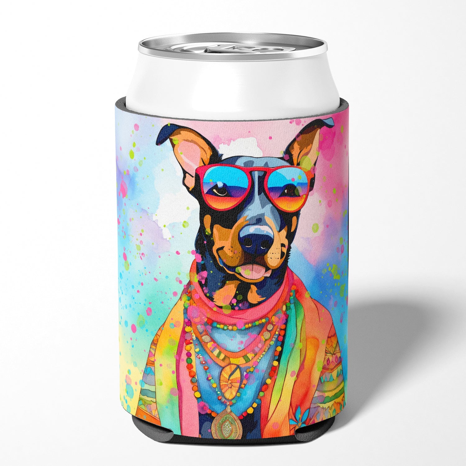 Doberman Pinscher Hippie Dawg Can or Bottle Hugger Cooler Sleeve for Standard 12 oz Cans, Insulated Foam Beer & Soda Can Hugger Reusable