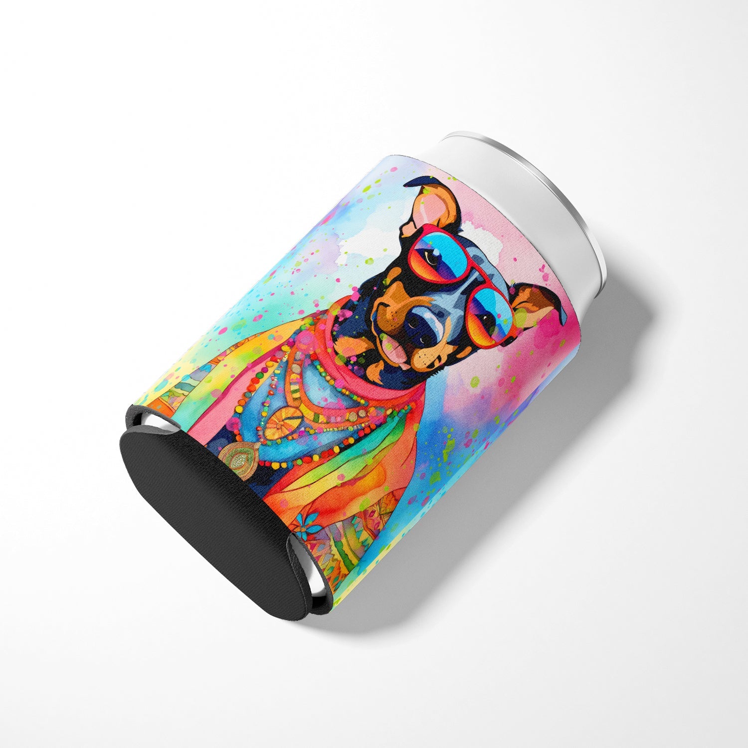 Doberman Pinscher Hippie Dawg Can or Bottle Hugger Cooler Sleeve for Standard 12 oz Cans, Insulated Foam Beer & Soda Can Hugger Reusable