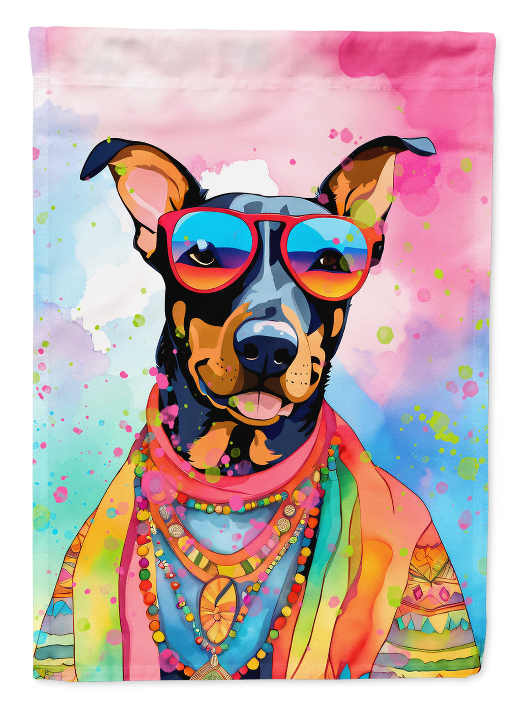 Doberman Pinscher Hippie Dawg House Flag 28x40 Porch Sleeve Pole Decorative Outside Yard Banner Artwork Wall Hanging, Polyester